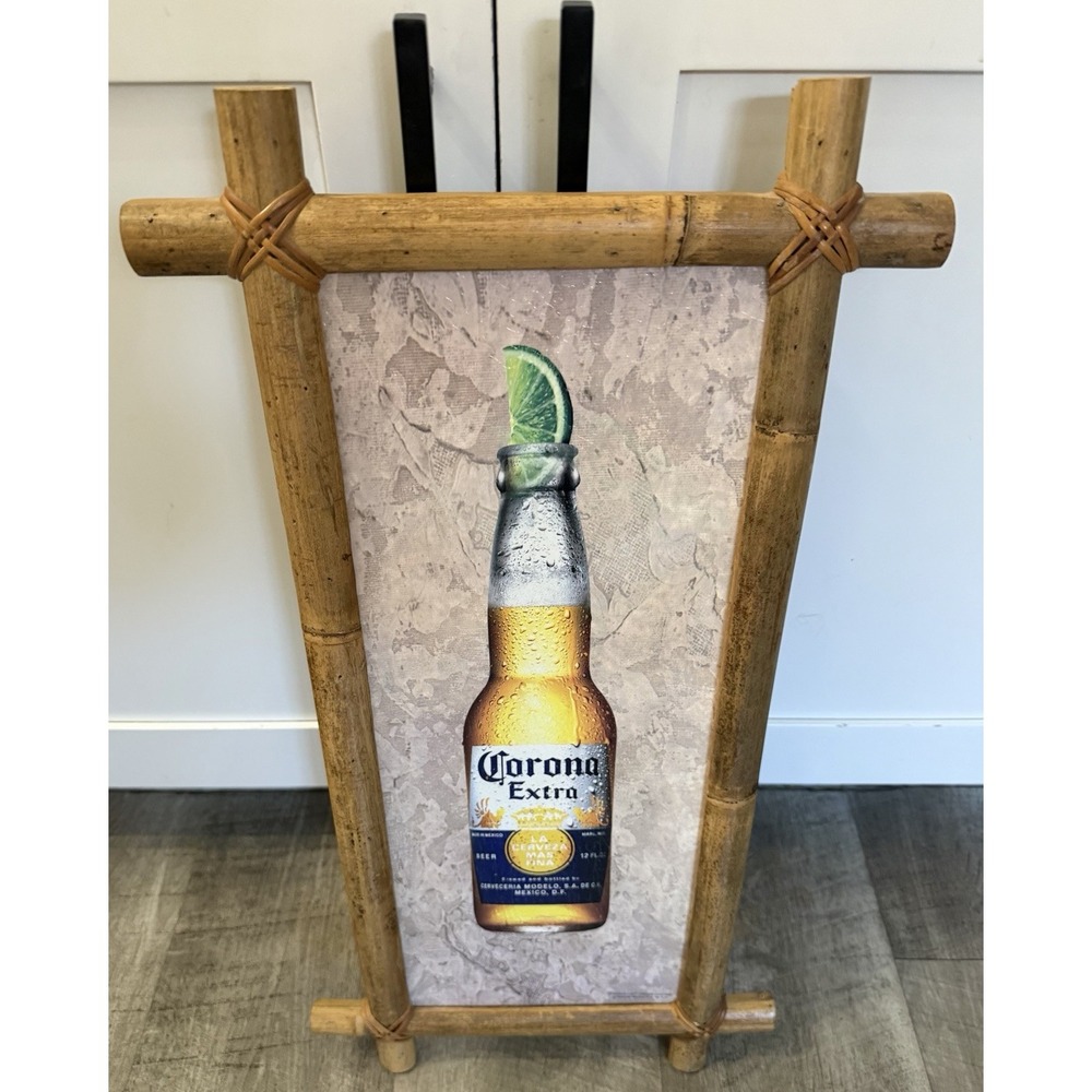 Vtg 2007 Corona Extra Bamboo Frame Framed Beer Bottle Sign Bar